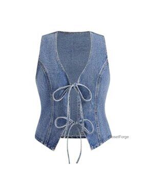 Plus Size Denim Vest Jacket Bow Tie Front Sleeveless Western Jean Outerwear